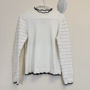 Karen Millen Women’s Pullover Sweater Size L Open Knit Sleeve Ivory Black Trim